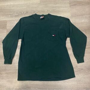 Vintage Tommy Hilfiger Mens Green Long Sleeve Pocket T Shirt Size Medium 90s USA